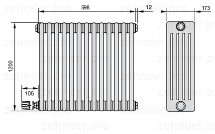 Схема (чертеж) Радиатор Zehnder Charleston 5120/13 №V004 Белый глянцевый RAL 9016